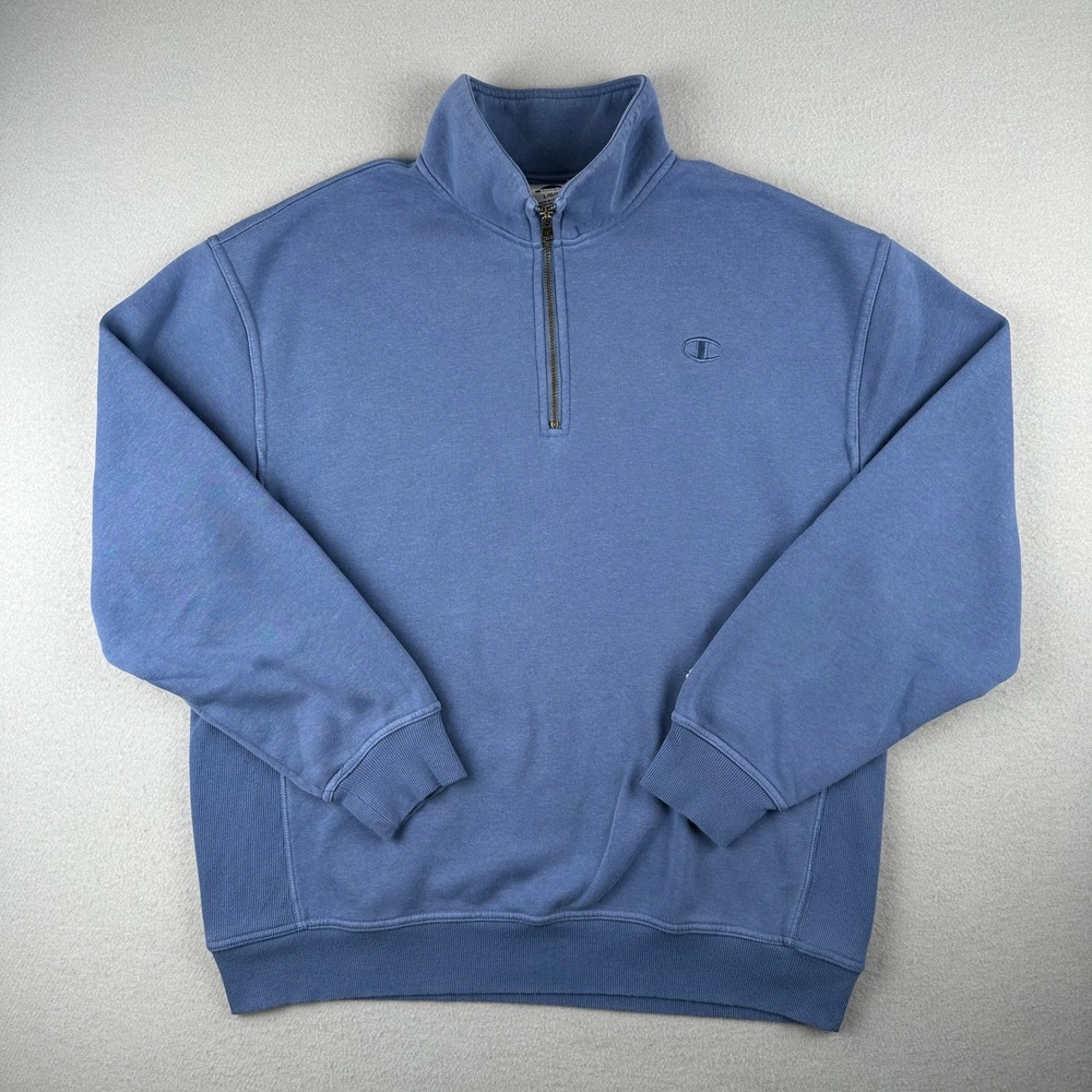 Champion Quarter Zip Sweatshirt Mens L Blue Mock Neck Logo CPM254TL06